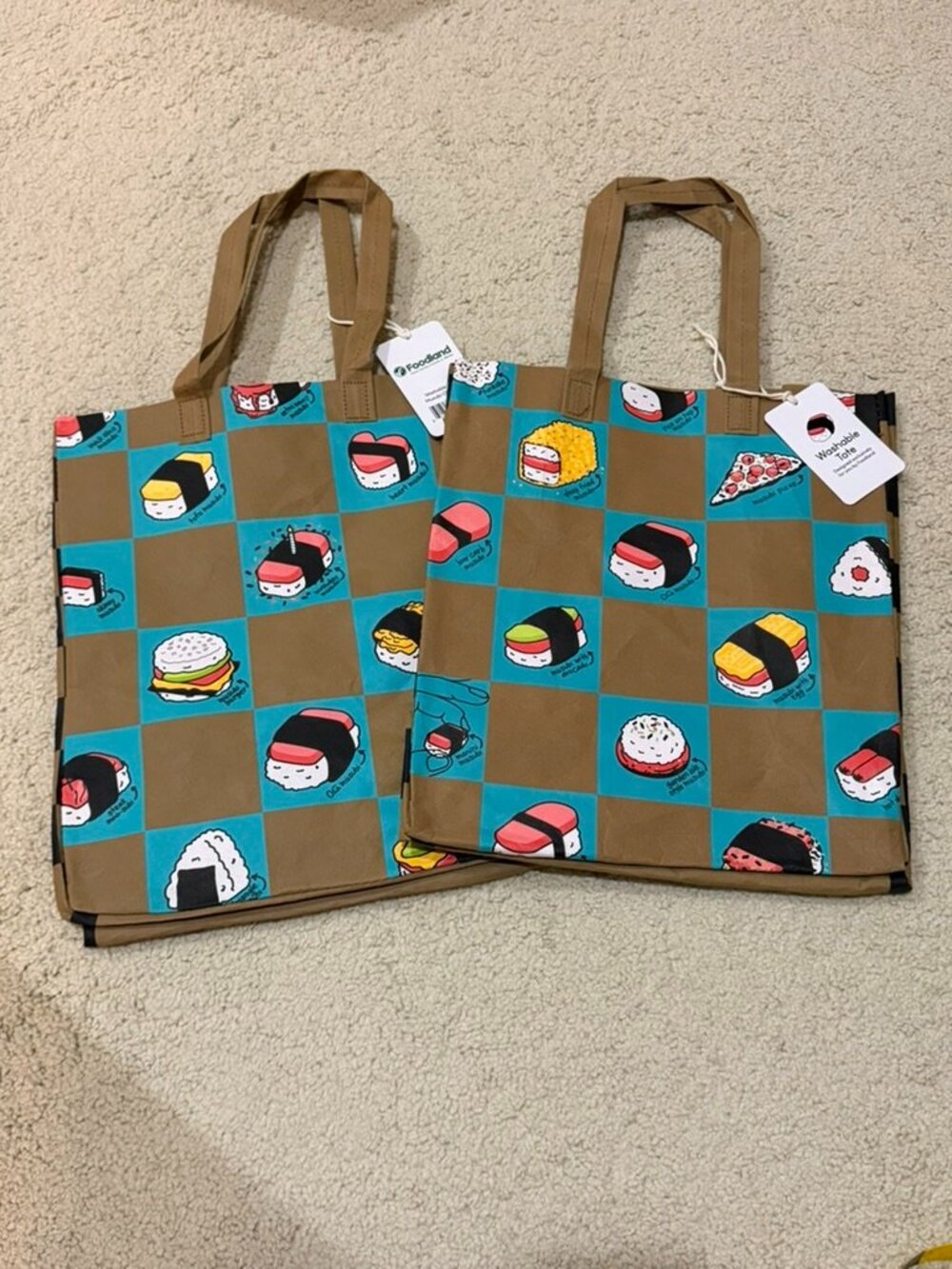 New Design! Foodland Hawaii Spam Musubi Checkers Washable Tote Bags (Set of 2)